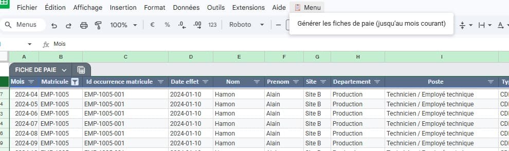 Aperçu de la solution Google Sheets RH