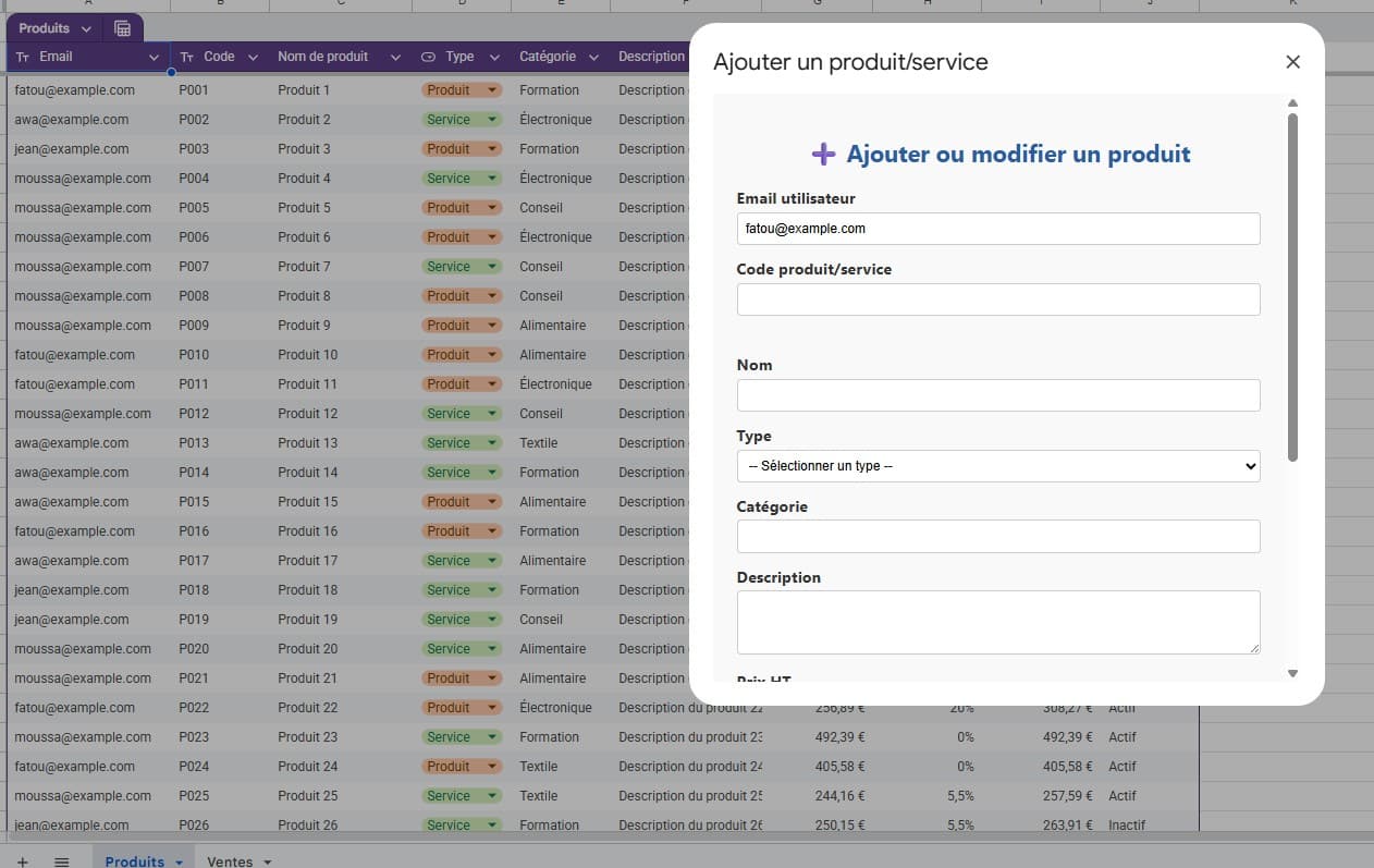 Aperçu de la solution Google Sheets Suivi vente / commerce
